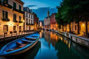 a boat is docked in a canal at night. AI-Generated photo