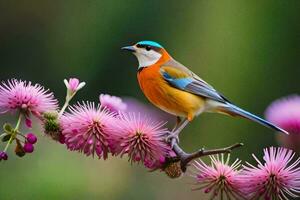 a colorful bird sits on a branch of a tree. AI-Generated photo