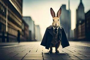 a rabbit dressed in a suit and tie standing on a city street. AI-Generated photo