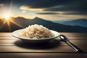 a bowl of rice on a wooden table with a spoon and a mountain in the background. AI-Generated photo