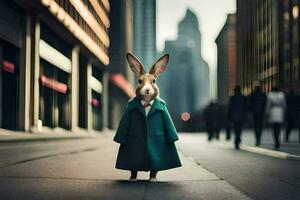 a rabbit wearing a green coat and tie standing on a city street. AI-Generated photo