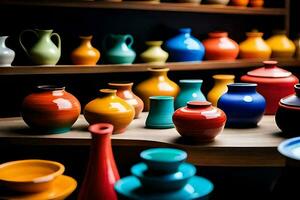 colorful vases are on a shelf in a room. AI-Generated photo