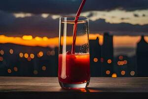 a glass of red liquid with a sunset in the background. AI-Generated photo