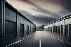 a long empty warehouse with a dark sky. AI-Generated photo