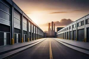 an empty warehouse with a factory building in the background. AI-Generated photo