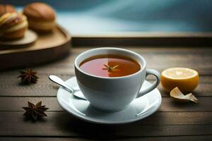 a cup of tea with lemon and anise on a wooden table. AI-Generated photo