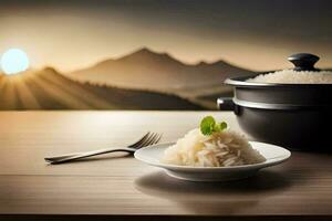 a bowl of rice with a fork and a spoon on a table in front of a mountain. AI-Generated photo