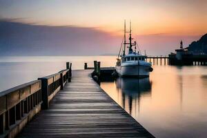 a boat docked at the end of a pier at sunset. AI-Generated photo