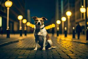 a dog sitting on the street at night. AI-Generated photo