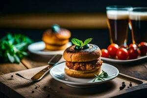 a plate with a burger and beer on it. AI-Generated photo