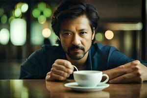 un hombre con un Bigote y un taza de café. generado por ai foto