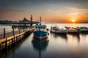 boats docked at the pier at sunset. AI-Generated photo