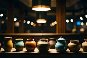 a row of vases lined up on a shelf. AI-Generated photo