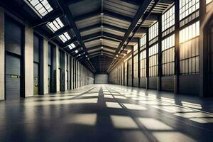 an empty warehouse with lots of windows. AI-Generated photo