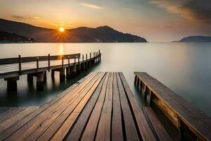 a wooden dock at sunset with the sun setting over the water. AI-Generated photo