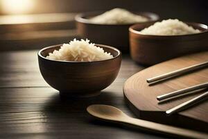 rice in a bowl and chopsticks on a wooden table. AI-Generated photo
