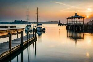 barcos atracado a el muelle a puesta de sol. generado por ai foto