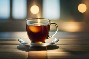 a cup of tea on a wooden table. AI-Generated photo