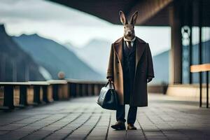 a rabbit wearing a suit and holding a briefcase. AI-Generated photo