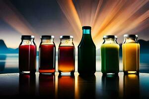 five bottles of juice are lined up on a table. AI-Generated photo