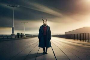 a rabbit wearing a coat and hat stands on a bridge. AI-Generated photo