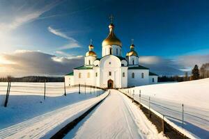 un blanco Iglesia en el nieve. generado por ai foto