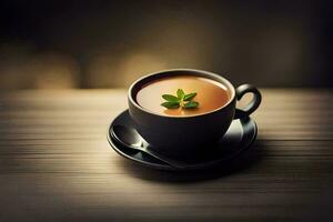 a cup of tea on a wooden table. AI-Generated photo