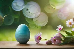 easter egg on a table with flowers and bokeh. AI-Generated photo