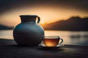 a cup of tea and a pitcher on a wooden table with a lake in the background. AI-Generated photo