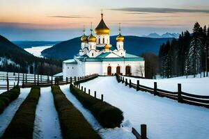 a church in the snow with golden domes. AI-Generated photo