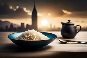 a bowl of rice and a teapot on a table with a cityscape in the background. AI-Generated photo