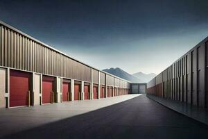 a long row of storage units with red doors. AI-Generated photo