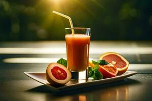 un vaso de naranja jugo con un Paja en un lámina. generado por ai foto