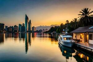 a boat docked in the water with a city skyline in the background. AI-Generated photo