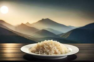 a plate of rice on a table in front of mountains. AI-Generated photo