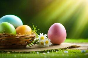 easter eggs in a basket on a green grass. AI-Generated photo