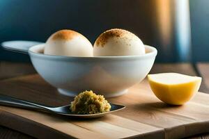 three eggs in a bowl with butter and a spoon. AI-Generated photo