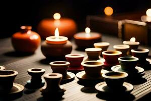 many small tea cups and candles are sitting on a table. AI-Generated photo