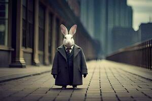 a rabbit wearing a suit and tie on a street. AI-Generated photo