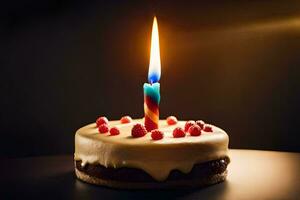 a birthday cake with a single candle. AI-Generated photo