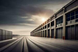 a long empty warehouse with a sun setting behind it. AI-Generated photo