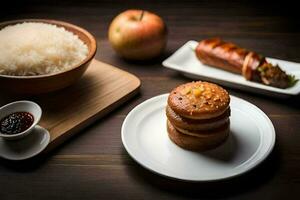 a plate with a cake, rice and apples on it. AI-Generated photo
