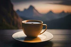 un taza de café en un mesa en frente de montañas. generado por ai foto