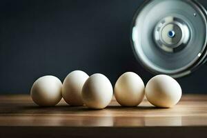 five eggs on a table in front of a kitchen appliance. AI-Generated photo