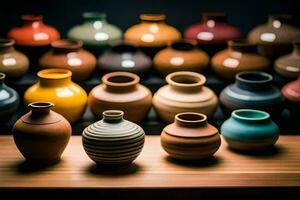 a row of colorful vases on a table. AI-Generated photo