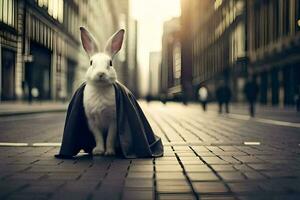 a rabbit wearing a cape on the street. AI-Generated photo