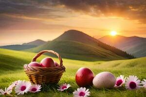 easter eggs in the field, flowers, mountains, sunset, flowers, flowers, flowers,. AI-Generated photo