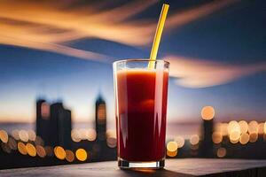 un vaso de jugo con un amarillo Paja sentado en un mesa en frente de un ciudad horizonte. generado por ai foto