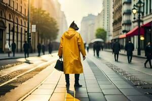 a man in a yellow raincoat walking down a city street. AI-Generated photo