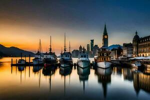 boats docked at the water's edge in front of a city. AI-Generated photo